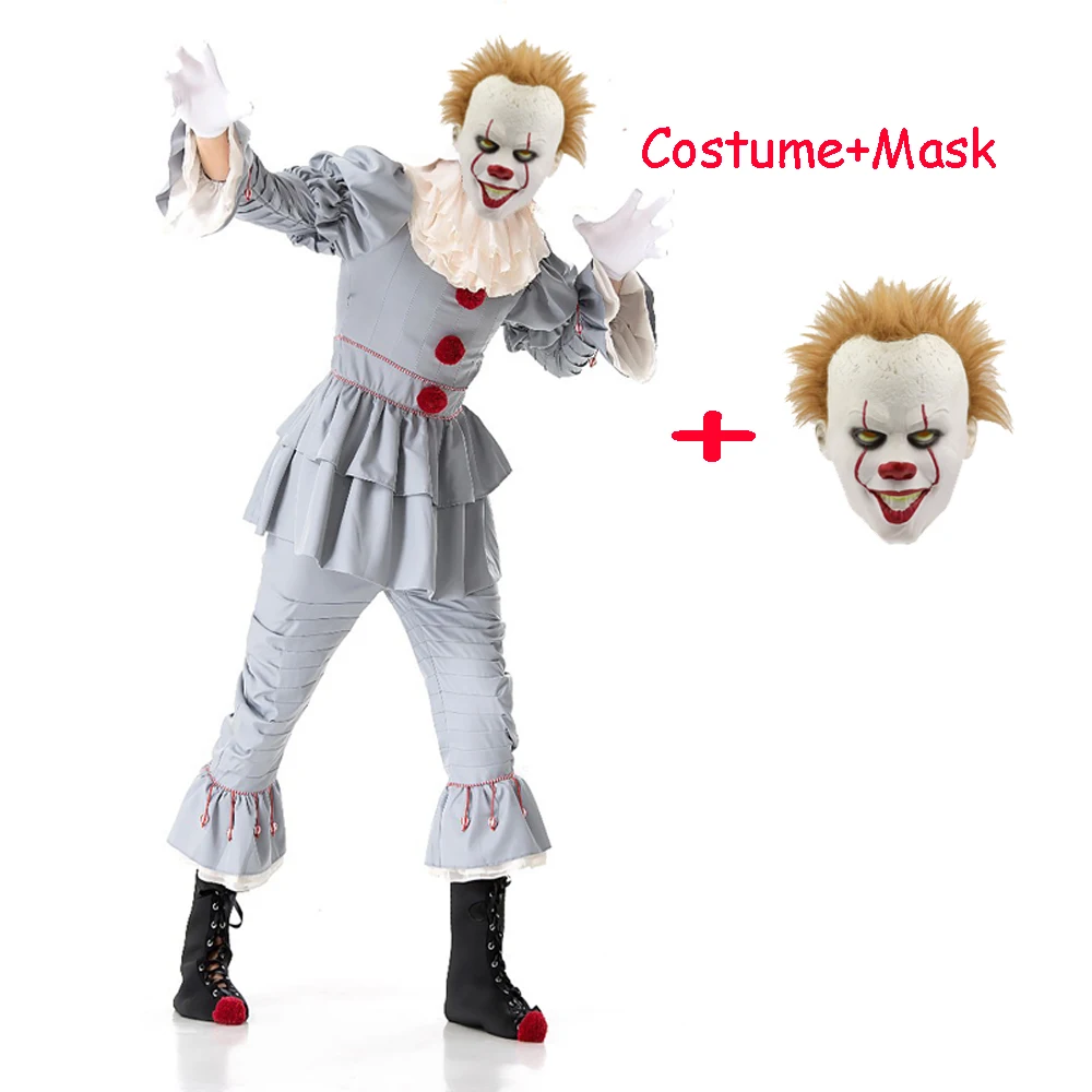 Costume and Mask Клоунский Костюм Стивен Кинг это страшная маска клоуна костюм взрослые мужчины женщины ужас Хэллоуин Pennywise клоун костюм - Цвет: Costume and Mask