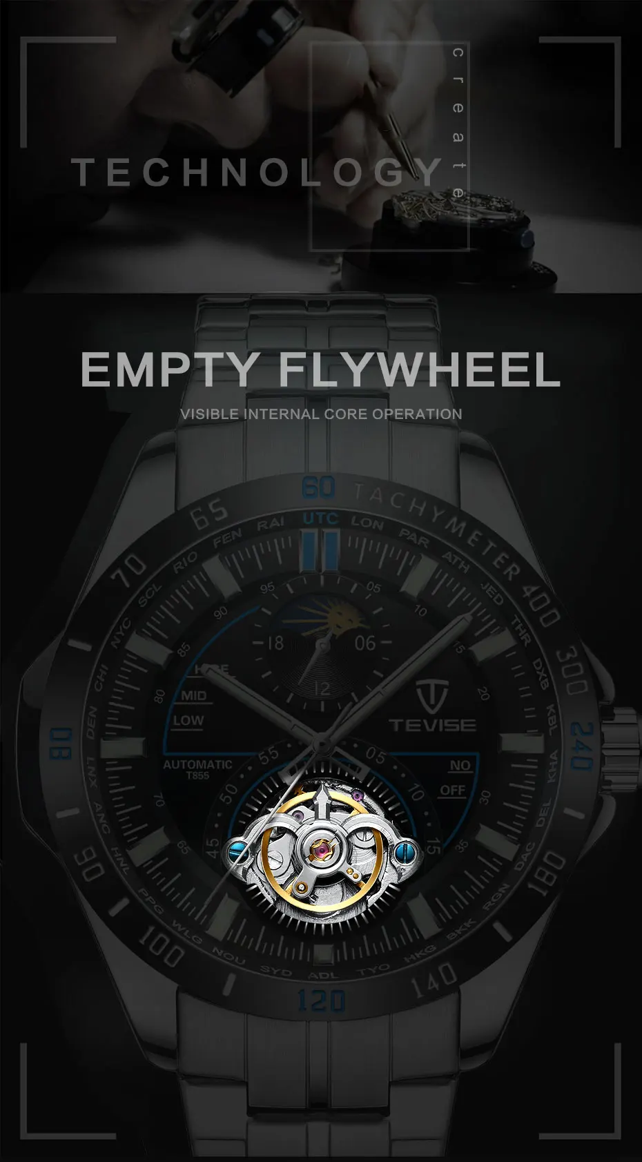 TEVISE механические часы мужские часы лучший бренд класса люкс Tourbillon водонепроницаемые автоматические часы ремешок из нержавеющей стали Relogio Masculino