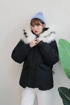 

2019 Winter Jacket Women Warm Casual Cotton Padded Parkas Fur Collar Hooded Female jacket Solid Color