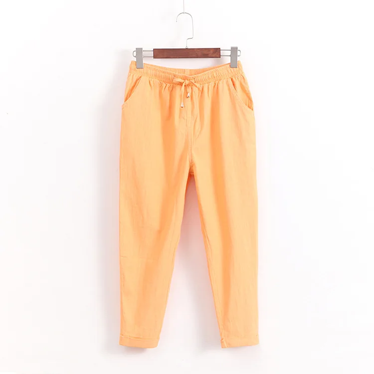 Женские штаны-шаровары размера плюс 5xl из органического хлопка и льна с высокой талией, повседневные брюки с эластичным поясом и завязками - Цвет: yellow