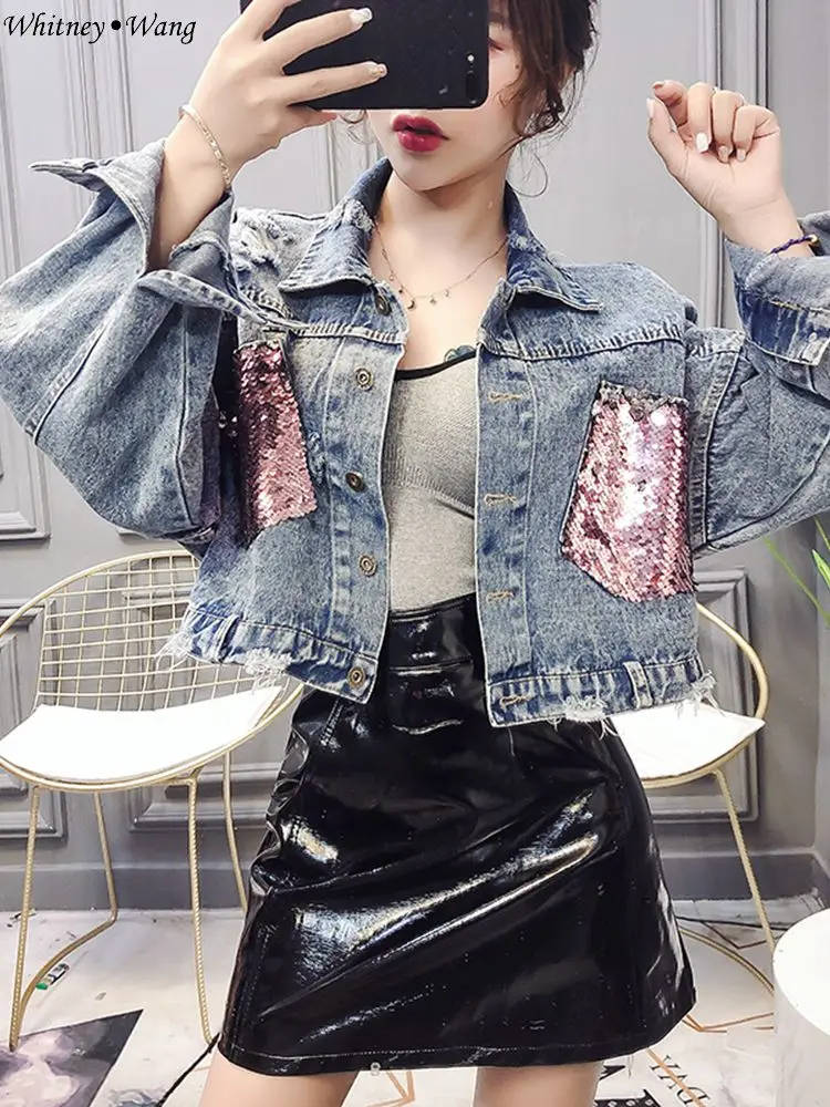 WHITNEY WANG Осенняя мода уличная высокая Талия Блестки Карманы джинсовая куртка женская Стильная джинсовая куртка - Цвет: Color 1