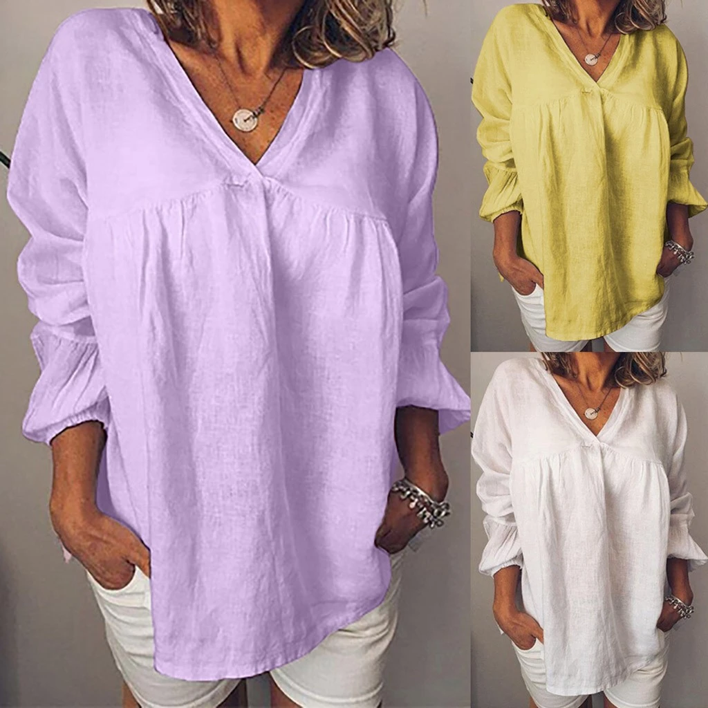 Women Blouses 2019 Fashion Puff  Long Sleeve Top Shirt Solid Elegant White Office Lady Shirt V-Neck Loose Chemise Femme 822