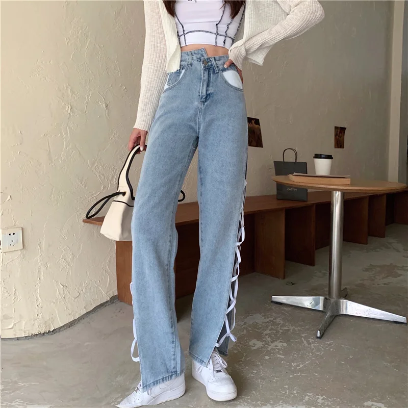 Sexy Side Split Irregular High Waist Strappy Jeans Women\'s Straight Wide Leg Denim Trousers Streetwear Harajuku Pants