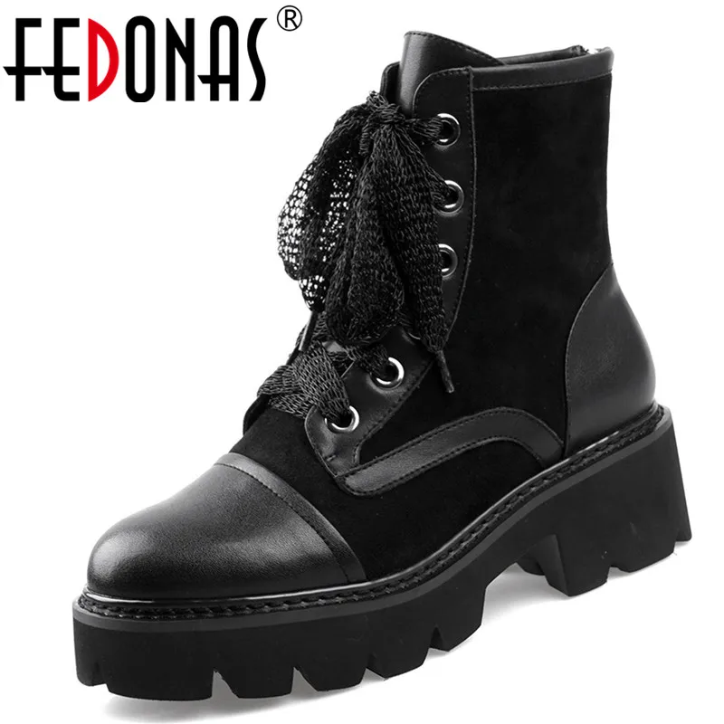 

FEDONAS Winter Popular Women Flats Platform Ankle Boots Genuine Leather Patckwork Female Motorcycle Boots Party Shoes Woman