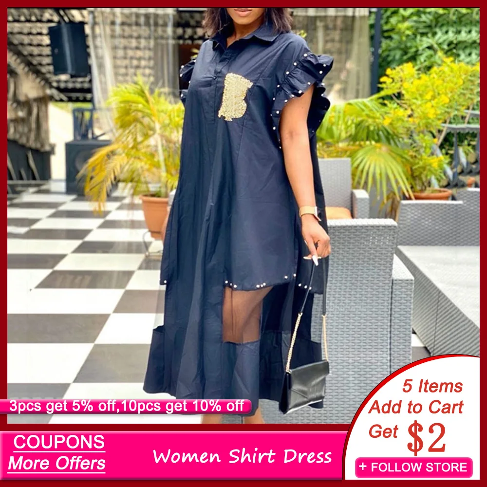 See-Through Patchwork Women Shirt Dress Letter Print 2020 Summer Autumn Midi Robe Femme African Bead Ruffles Office Maxi Vestido See-Through Patchwork Women Shirt Dress Letter Print 2020 Summer Autumn Midi Robe Femme African Bead Ruffles Office Maxi Vestido