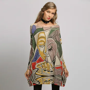 

Oversize Women Sweater Abstract Print Long Batwing Sleeve Pullovers O Neck Knitted Fashion Runway Sweater Clothes 2020 NEW