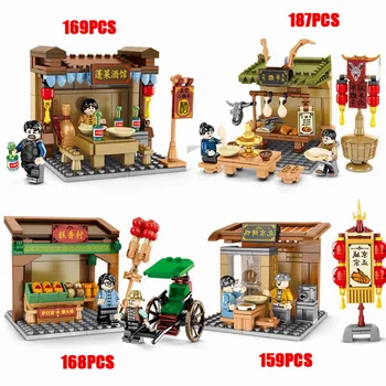 

mini city street view block chinatown Chinese food court Beijing Roast Duck Pub Snack Lamb Spine Hot Pot Restaurant brick toy
