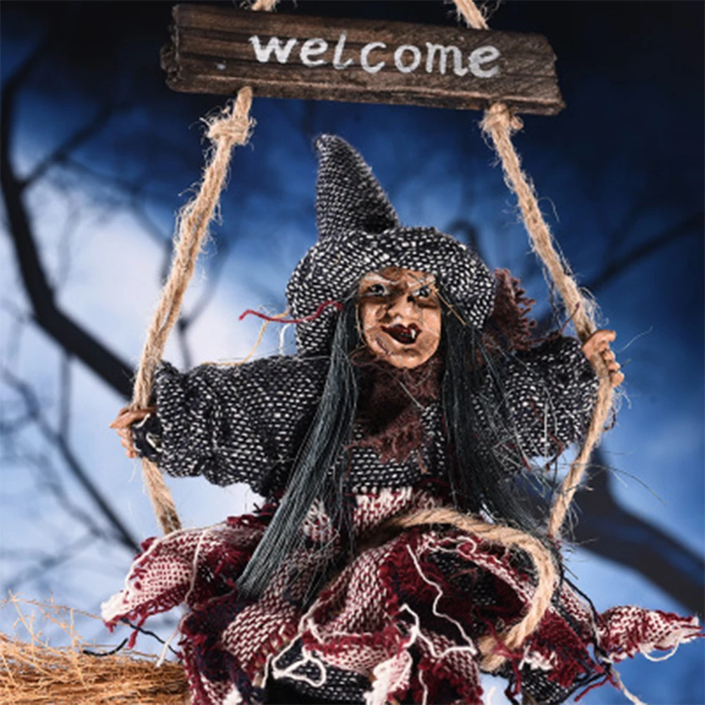 

1pcs Hanging Witch Horror Ghost Figurine Toys with Welcome Sign Board for House Garden Bar Halloween Ornaments Decorations