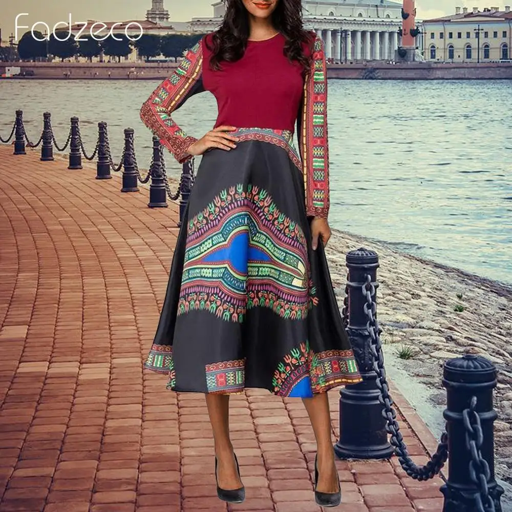 

Fadzeco African Dresses for Women Dashiki Long Sleeve Casual O Neck Tribal Print Patchwork Long Maxi Dress Ethnic Autumn Dress