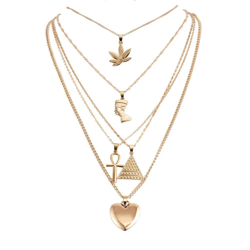 

Exaggeration Metal Maple Leaves Egypt Pharaoh Cleopatra Pyramid Heart Pendant Multistory Necklace Women's A0193
