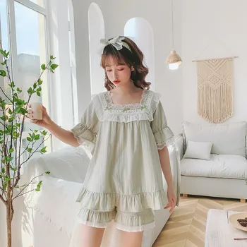 

Sweet Women's Cotton Short Sleeve Pajamas Sets Summer Shorts Pyjamas Striped Solid Color Nightwear Present Hairband