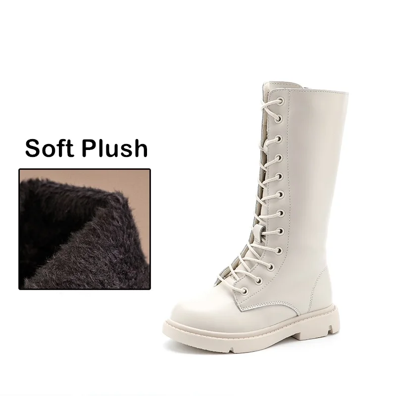 Beige Plush Высокие сапоги для девочек; зимние сапоги из натуральной кожи для девочек; коллекция года; Модные Ботинки martin; детская обувь принцессы; Размер 23-37 - Цвет: Beige Plush