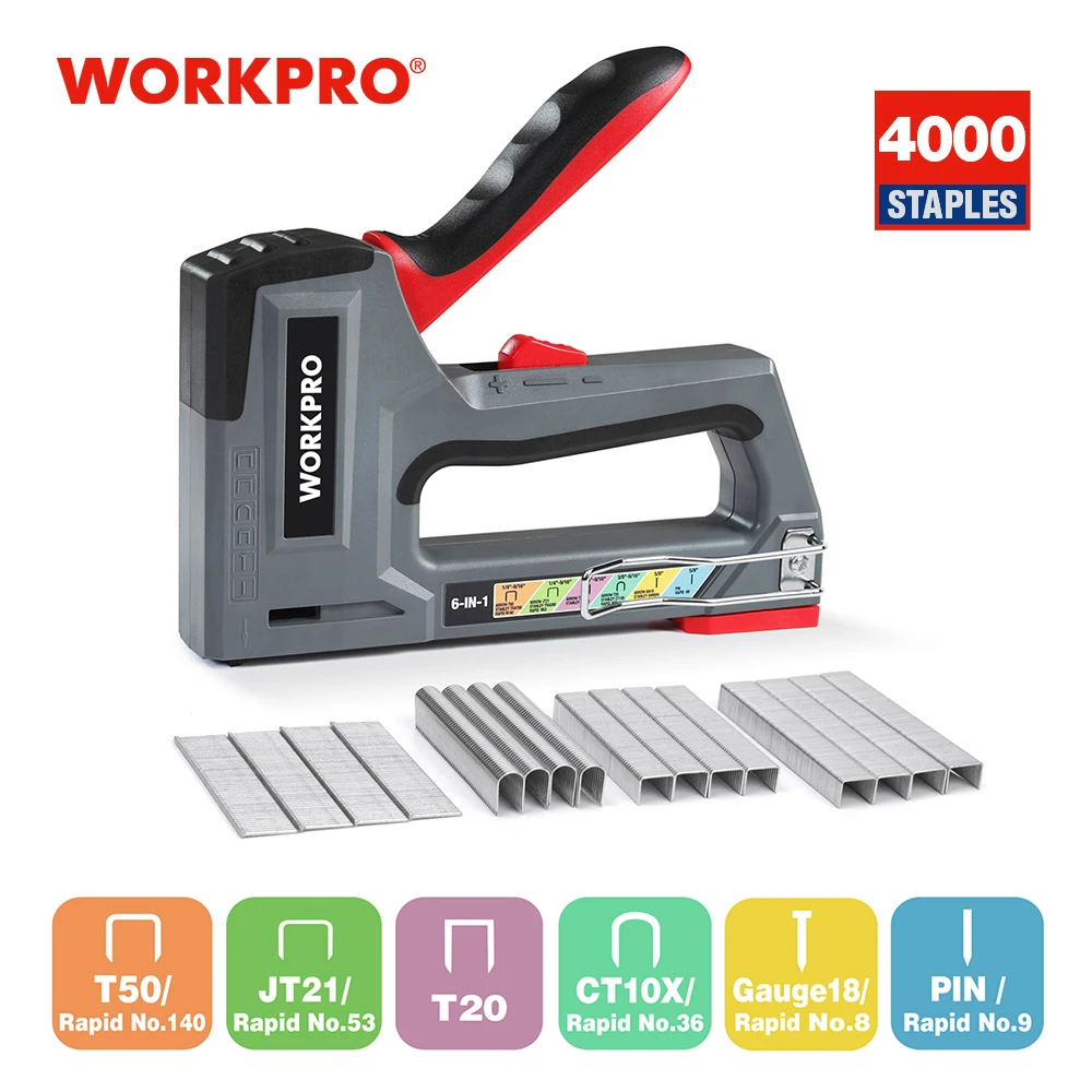WORKPRO-pistola de grapas de alta resistencia 6 en 1, para fijación de Material Manual, dos opciones de potencia para decoración del hogar