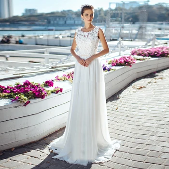 

Eightale Boho Wedding Dress with 3D Flowers O-Neck A-Line Custom Made Chiffon Wedding Gowns Floor Length Bride Dress
