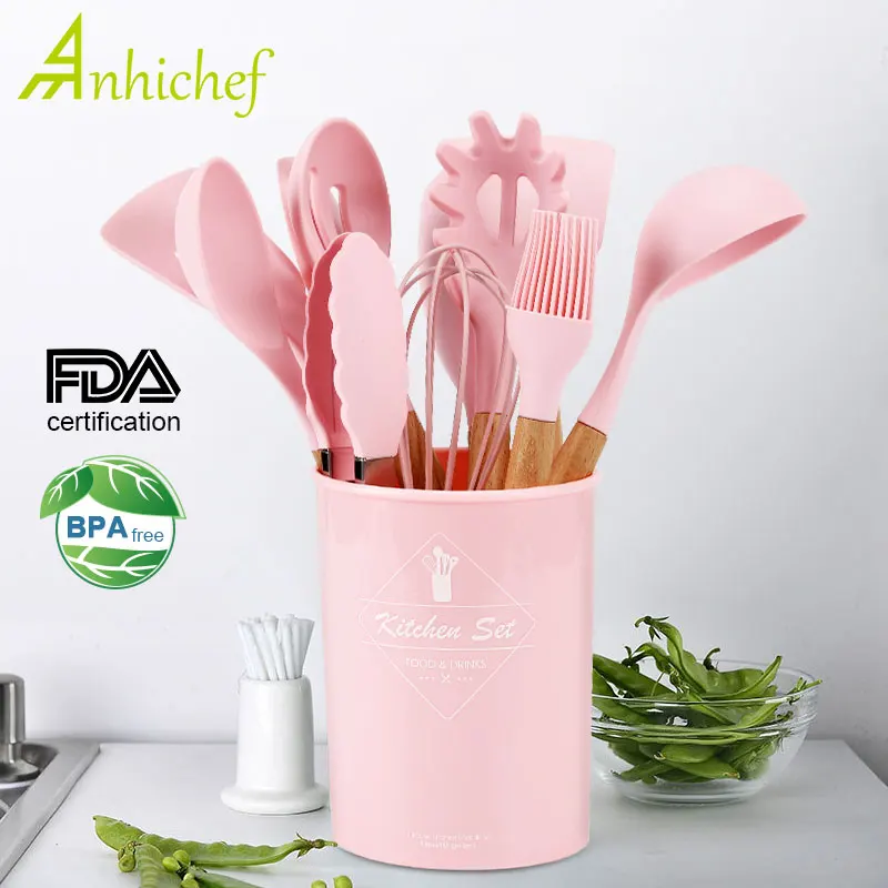 

Kitchen Silicone Cooking Utensils Set Non-stick Spatula Shovel Wooden Handle Cooking Tools Set With Storage Box Kitchen Tools