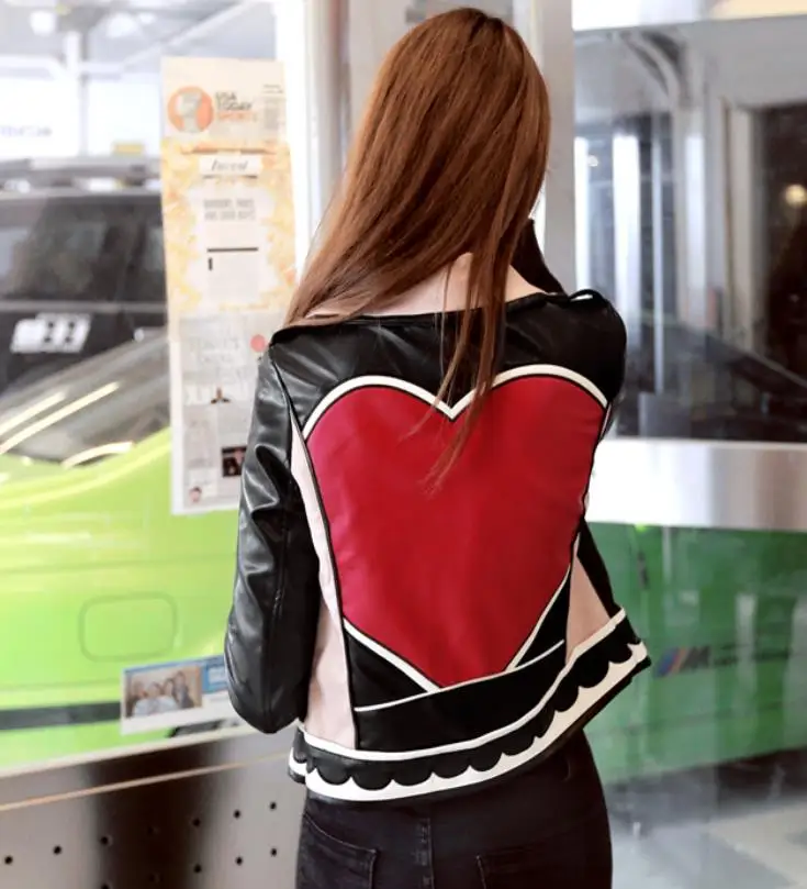 

Love circle pattern print street leather jackets female zipper stitching embroidery was thin leather jackets outerwear F50