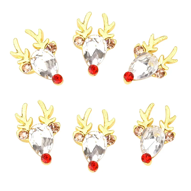 10pcs Deer Charms Nail Rhinestone Diamonds Glass Stone Design Christmas Gift Nail Art Decorations Golden Manicure Ornament
