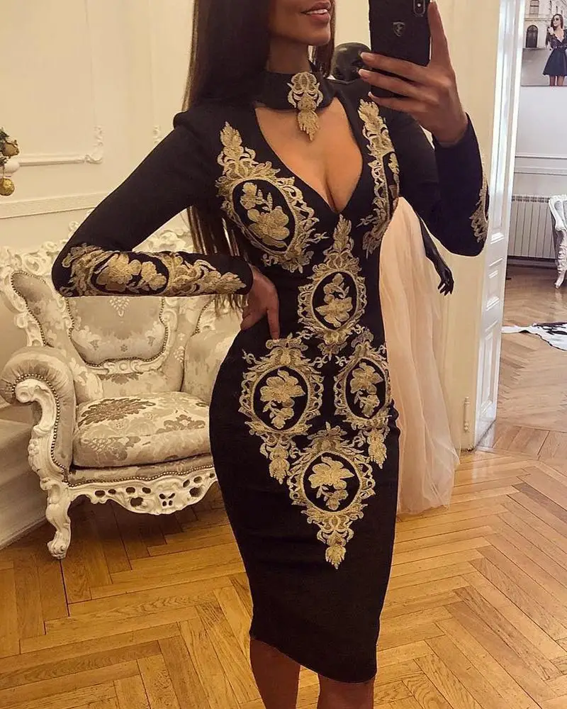 

Long Sleeve Lace Applique Bodycon Dress Women Elegant Slim Fit Midi Dress Female Sexy Cocktail Party Dress