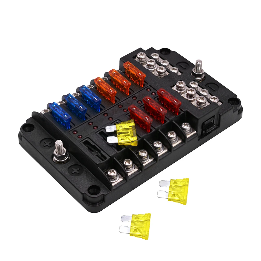 

Universal Car Blade Fuse Box Automotive Circuit Fuse Block Holder DC32V 1-12 Way with LED Indicators