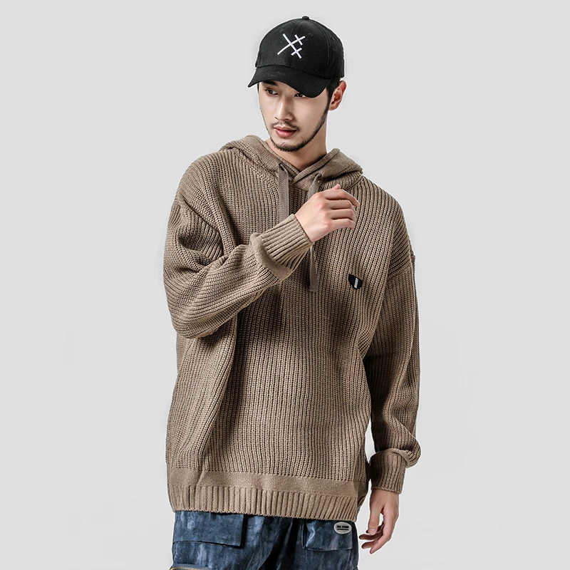 Yasword Men Casual Knitting Hooded Woollen Sweater Solid Color Loose Warm Man Knitted Hoodie Sweatercoat Male Wool Tops Pullover