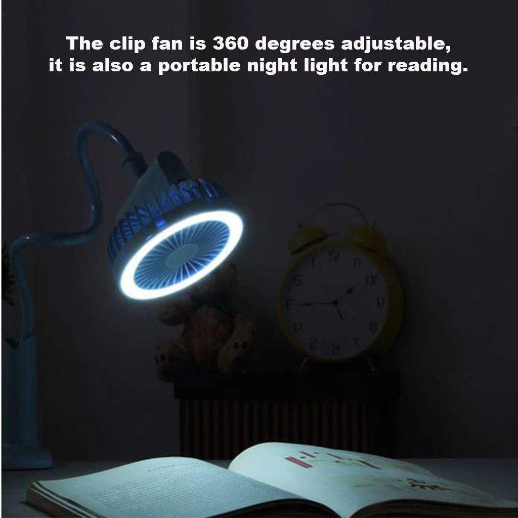 Stroller Clip on Fan Desk USB LED Lamp Fan 2 Speeds &2 Brightness 1500mAh for Travel Office Home