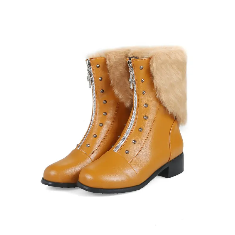 

BZBFSKY Foreign trade fashion Martin boots thick with middle boots rivets front zipper wild fur women's boots zapatos de mujer