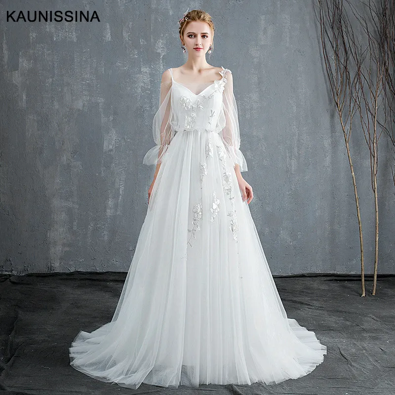 

KAUNISSINA White Wedding Dresses Floor Length Appliques 3/4 Sleeve Backless Elegant Bridal Dress Vestido Women Wedding Gowns