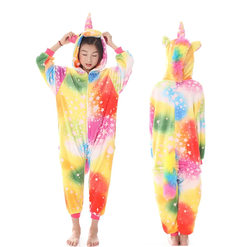 Kigurumi/Пижама с единорогом для детей; зимний комбинезон для девочек; детская пижама с изображением животных, единорога, панды; детские пижамы; комбинезоны для мальчиков - Цвет: Colored star Unicorn