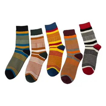 

5 Pairs Men Color Block Fine Stripes Print Cotton Crew Socks Harajuku Hosiery