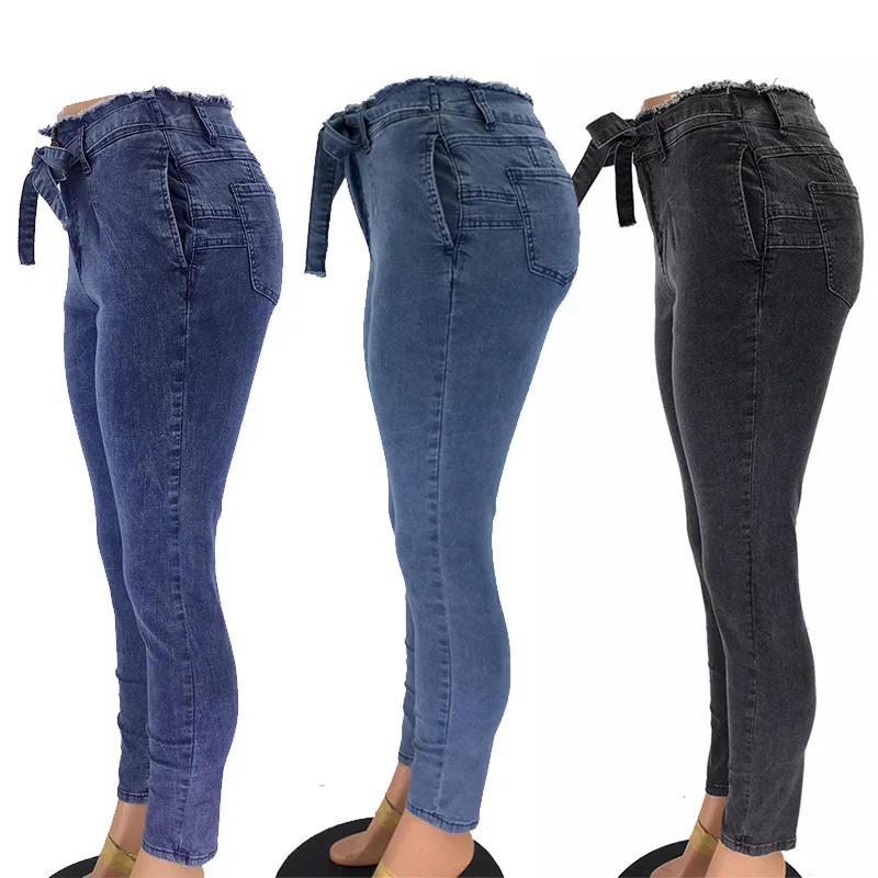 Dilusoo женские джинсы с высокой талией брюки Эластичные Обтягивающие джинсы пояс с кистями Женские джинсы карандаш повседневные брюки джинсы