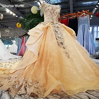 

LS65110 royal golden evening dress 3d flower beading o-neck short sleeves ball gown 2018 new arrival party dresses real fhoto
