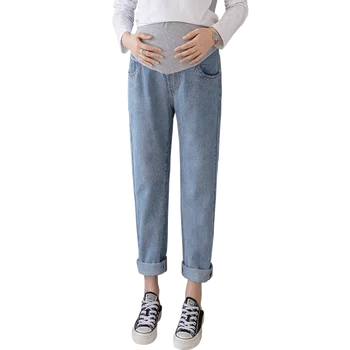 

5506# Rolled Up Denim Maternity Jeans Adjustable Belly Straight Casual Pants Clothes for Pregnant Women Pregnancy Trousers