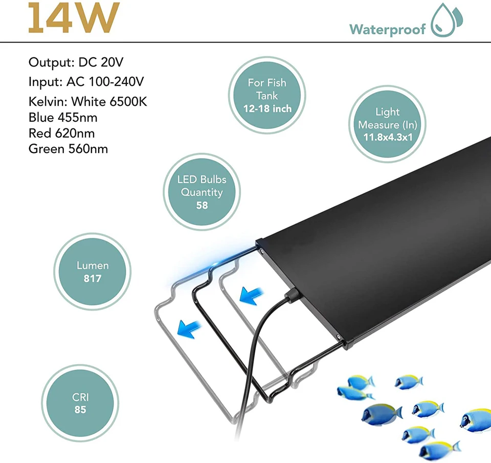 Luz LED Para Acuario 45cm - 18W, RGB+W, Temporizador 24/7, IP68, Ideal Para Plantas De Agua Dulce
