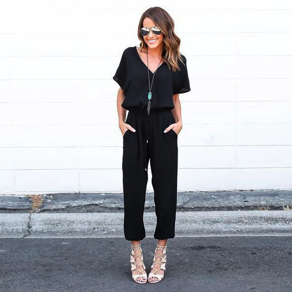 

Sexy Women Overalls Bodysuit Summer Rompers Jumpsuit Chiffon Short Sleeve Clubwear Playsuit Bodycon Tied Waist Party Pocket A4