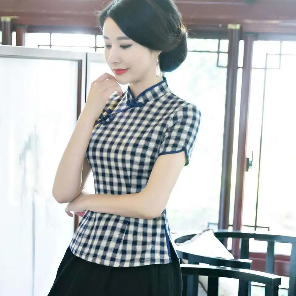 Oriental Plaid Women Plus Size Tangzhuang Lattice Chinesische Kleidung Traditional Chinese Shirts Chinois Cotton Cheongsam Tops