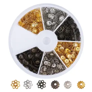 

1200pcs/box Mixed 3 Color Iron Bead Caps Metal Jewelry Findings Mixed Size :5~6x1~1.5mm, Hole: 1mm; about 200pcs/compartemnt