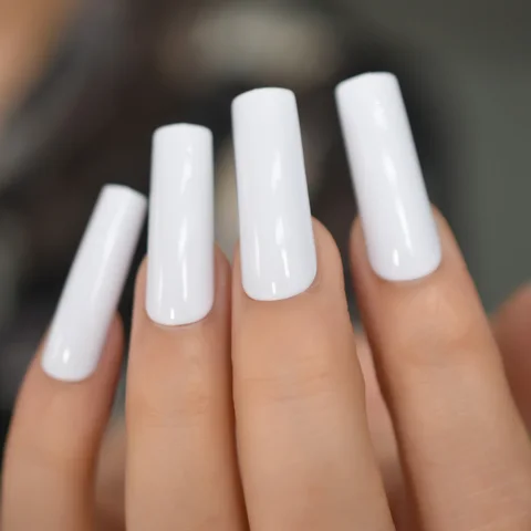 Long Square Fake Nails Nude White French Tip Press On Nails Full Cover Glossy Gel False Nail Art Manicure for Women