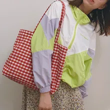 

Korean Style Plaid Shoulder Bag Cotton Fabric Women Reusable Shopping Tote Female Travel Handbag Environmental Durable Totes New