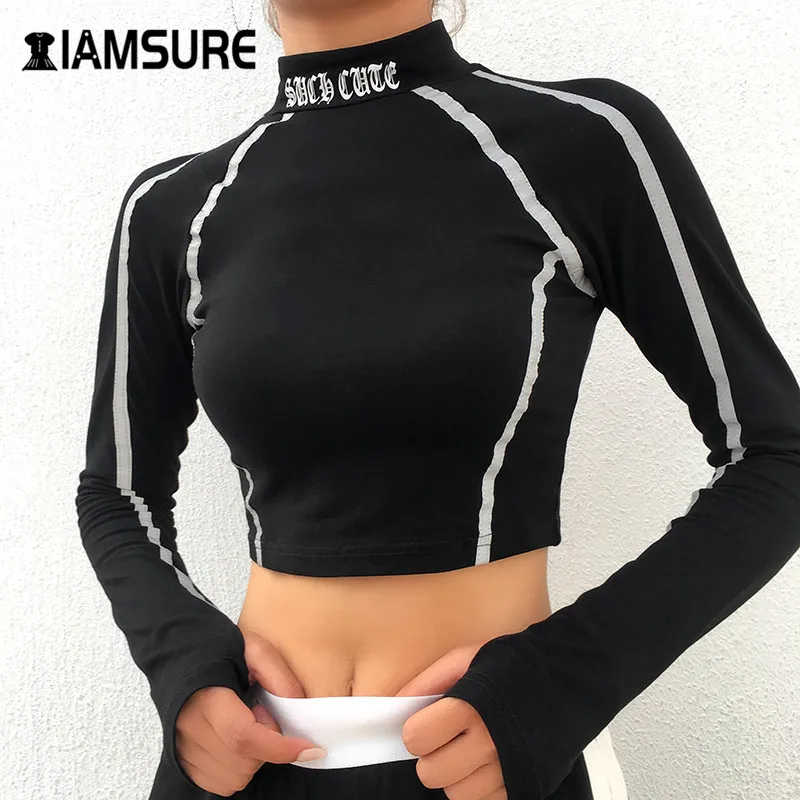 

IAMSURE Letter Printed Casual Basic Tops Tees For Women Long Sleeves Turtleneck Female Cropped Shirts Fitness Activewear Tops