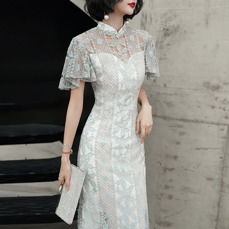 Изысканное Цветочное платье Чонсам кружевное лоскутное женское платье Qipao сексуальное длинное тонкое вечернее платье Новинка китайское платье с рукавом-бабочкой