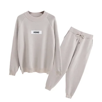 

2019 winter Woolen and Cashmere Knitted warm Suit O collar Sweater + Harem pants loose style two-piece set women knit