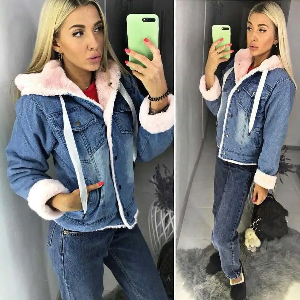 2019 Winter Plus Velvet Denim Jacket Pockets Women Warm Thick Patchwork ...