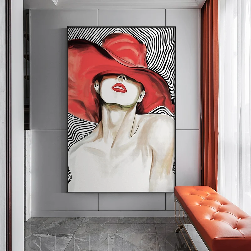 

Fashion Sexy Girl with Red Lip and Cap Canvas Painting Colorful and Black and White Style Wall Pictures for Living Room Wall Art