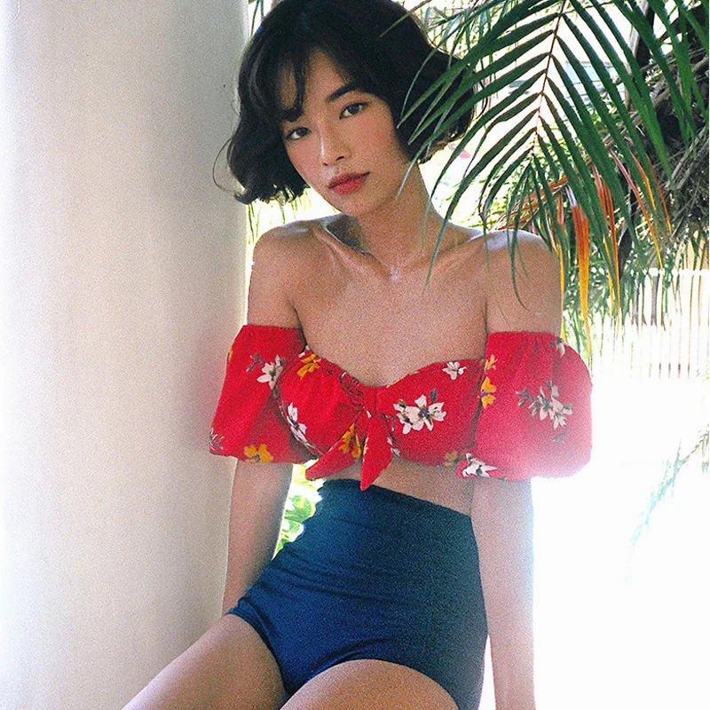 

Chinese Red Printed WOMEN'S Swimsuit Split Type Two-Piece Bikini High-waisted Large Bust Small Bust off-Shoulder Halter WOMEN'S