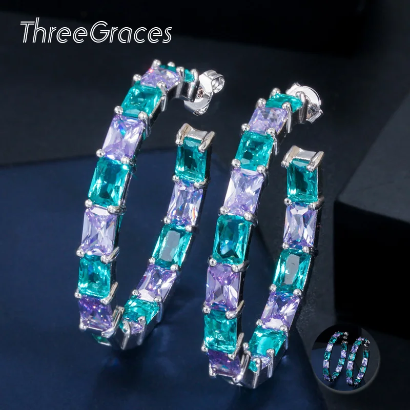 ThreeGraces, трендовые серебряные многоцветные серьги-кольца с кристаллами CZ, большие круглые серьги для выпускного вечера для женщин, вечерние серьги ER345