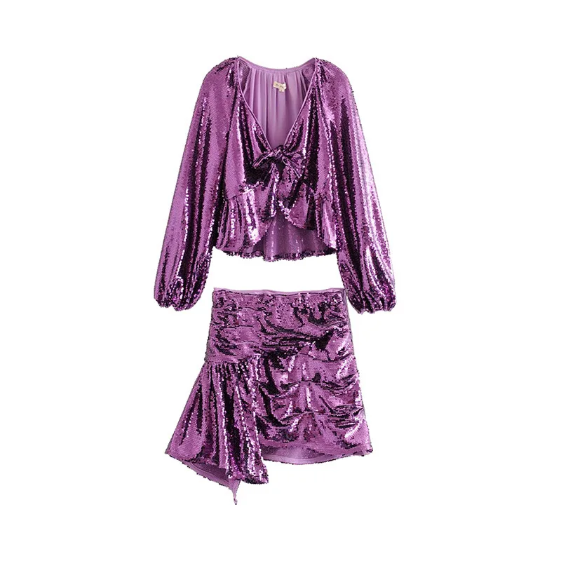 

Australia Non-mainstream Design Fashion Slimming Sequin Long-sleeved Cardigan Tops + High-waisted Irregular Skirt Two-Piece Set