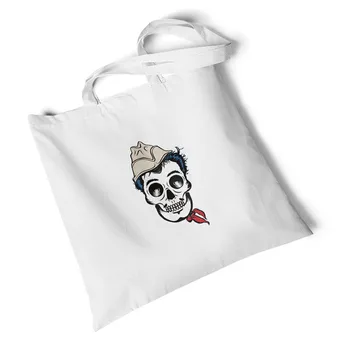

Focal20 Streetwear Skull Print White Canvas Bag Storage Foldable Large Shoulder Bag Travel Bag Environmental Reusable Handbag
