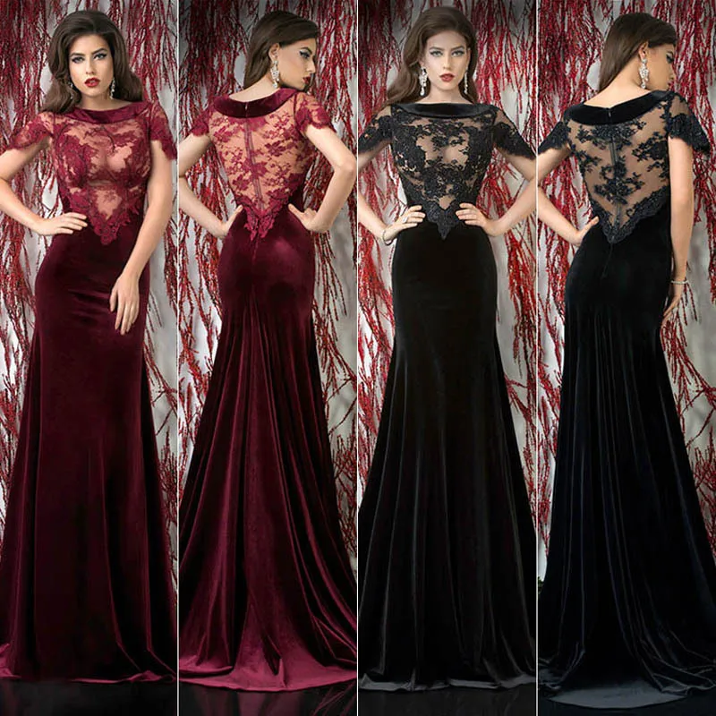 

boat Neck Sheer lace Backless vestido de festa vestidos longo black Lace Sexy Long Evening gown 2018 mother of the bride dresses