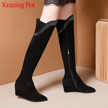 

Krazing Pot wedges fashion crystal studded cow suede pointed toe high heels side zipper winter warm women thigh high boots L8f1