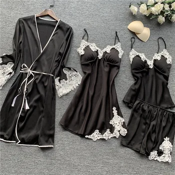 

Woman Pyjama Set Black with chest pad strap Lace pajama shorts female nightdress robe four-piece silk pajamas summer Home Wear